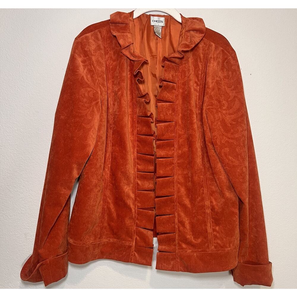 Chico's Rory Jacquard Blazer Size 2 Orange Ruffle Paisley Open Front Long Sleeve